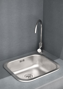 Tiny Kitchen Sink With Tap, Cooking From Wood-cement Boards, Sink With Mixer, European Low Cost Cozy Little Grey  Kitchen With Stainless Steel Sink And Faucets, Modern And Cheaper Kitchen