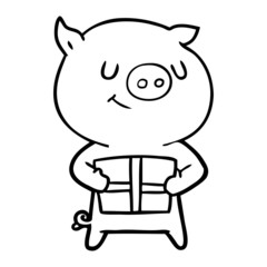 happy cartoon pig with christmas present