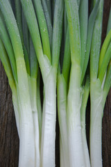 Onion is a very important seasoning for cooking spices, fresh long onions, on the table in the wood,