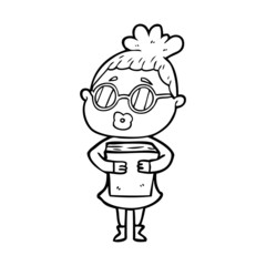 cartoon woman with book wearing spectacles
