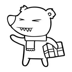 cartoon angry polar bear with xmas present