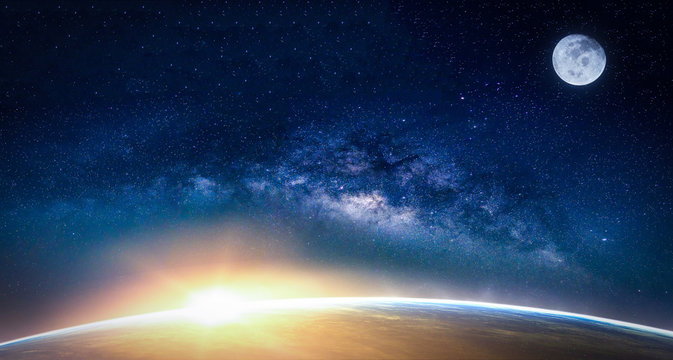 Fototapeta Landscape with Milky way galaxy. Sunrise and Earth view from space with Milky way galaxy. (Elements of this image furnished by NASA)