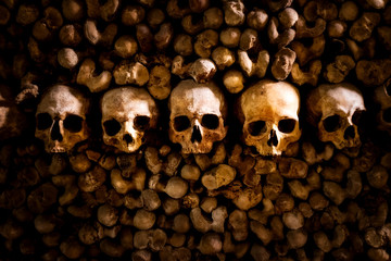 skulls and bones in Paris Catacombs