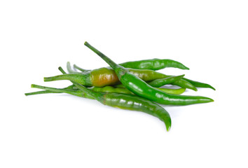 fresh green chili with stem on white background