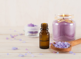 Lavender essential oil, sea salt with lavender and candle
