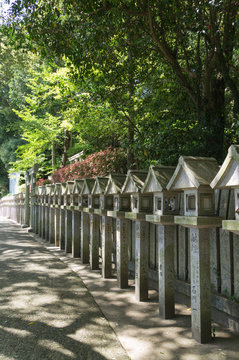 Nara, Japan. Japanese lanterns at chogosonshiji shrine.