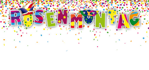 Rosenmontag Header mit Narrenkappe und Konfetti