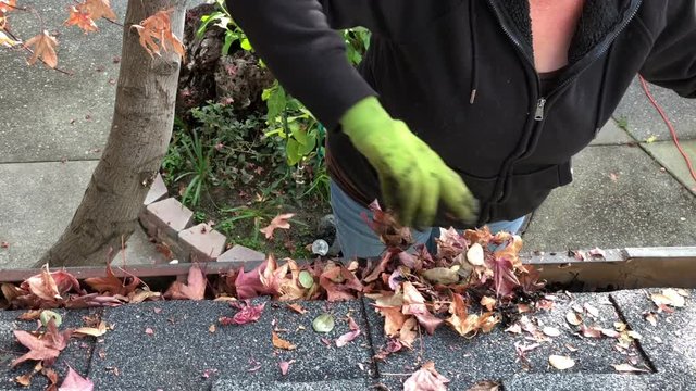 4K HD video of Older female on a ladder cleaning autumn leaves out of rain gutters. A debris clogged gutter can cause a leaky roof or water damage to the interior or exterior of your home.