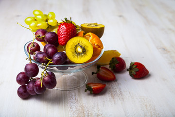 Ripe fruits on a transparent plate
