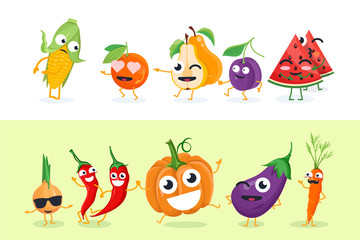 Funny fruit and vegetables - set of vector isolated characters illustrations