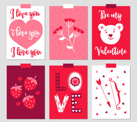 Fototapeta na wymiar Set of six Valentine cards with heart, plant, teddy, strawberry