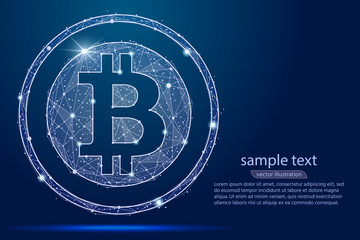 abstract Bitcoin digital currency coin.isolated from low poly wireframe stars background.Vector abstract polygonal image