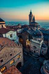 Bergamo Alta old town at sunset - S.Maria Maggiore Piazza Vecchia - Lombardy Italy - obrazy, fototapety, plakaty