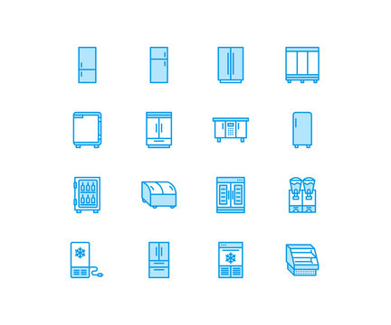 Refrigerators flat line icons. Fridge types, freezer, wine cooler, commercial major appliance, refrigerated display case. Thin linear signs for household equipment shop. Pixel perfect 64x64.