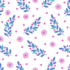 Fototapeta na wymiar Valentine seamless pattern with branches, flowers and hearts