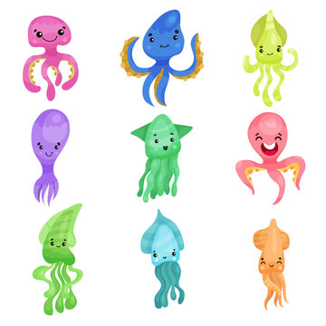 Colorful squids and octopuses set, sea creatures cartoon vector Illustrations