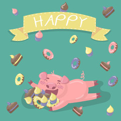 Funny little pig character hugiing a lot of sweets. Happy pig in cartoon style, vector illustration, design element for poster or banner