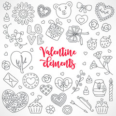 Collection of hand drawn Valentine elements