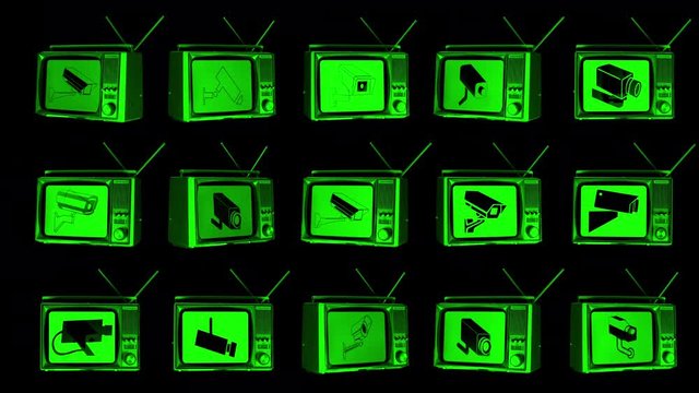 multiple surveillance televisions rotating in space with sequence of cctv camera on the screens