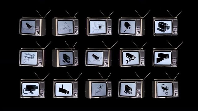multiple surveillance televisions rotating in space with sequence of cctv camera on the screens