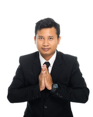 Handsome asian business man pay respect, portrait studio on white background