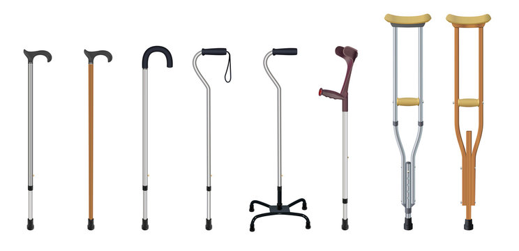 Set of walking sticks and crutches. Telescopic metal canes, wooden cane, cane with additional support,  elbow crutch, telescopic crutch, wooden crutch. Medical devices. Vector illustrations