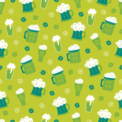 St. Patrick's Day seamless pattern with clovers and beer glasses