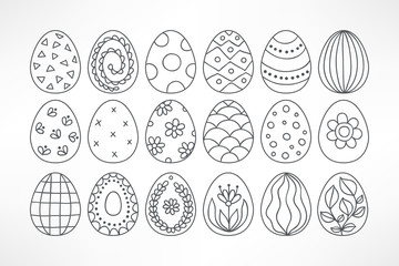 Set of contour Easter eggs. Floral ornaments, stripes, waves, dots