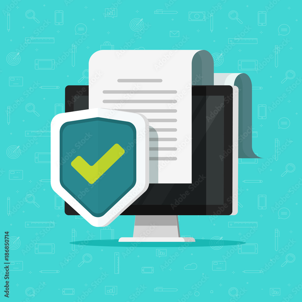 Poster computer protection vector illustration, flat cartoon desktop pc with document protected via shield 
