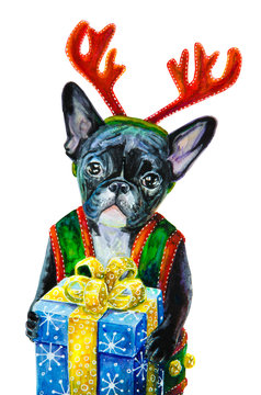 Watercolor painted christmas dog