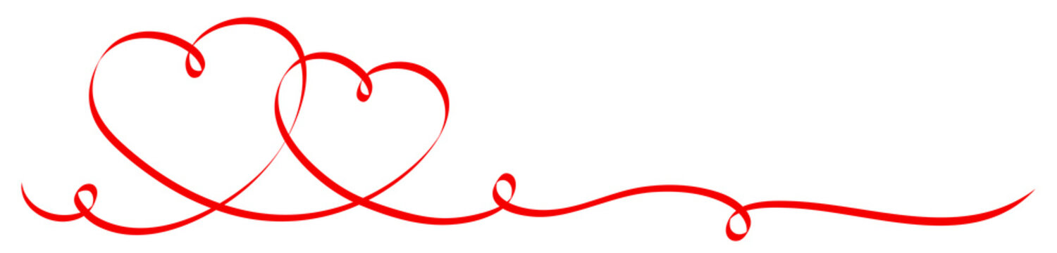 2 Connected Red Calligraphy Hearts 2 Swirls Ribbon Banner