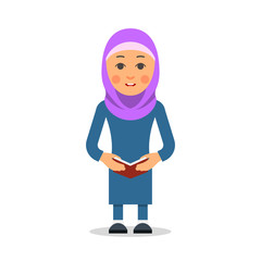 Arab or Muslim student. Woman stand in the traditional clothing and reading book. Isolated characters of representatives of Islam on a white background in a flat style