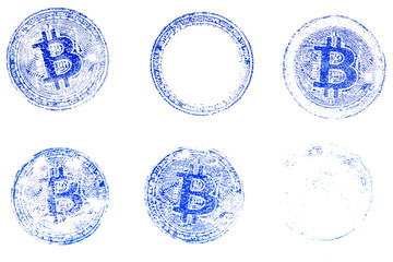 Six variants of the virtual currency Bitcoin blue stamp on white paper. For the design of documents on the crypto currency.