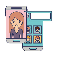 woman and group social network chat in smartphone in colorful silhouette