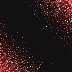 Red gold glitter. Scatter cornered border with red gold glitter on black background. Impressive Vector illustration.