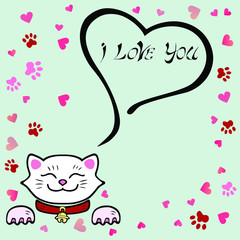 Cute I Love You Card with white Cat. Template for St. Valentine's Day/invitation/party/Mother day/birthday/baby birth/greetings card. Japanese Maneki Neko white cat. Vector illustration