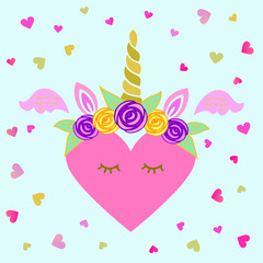 Cute vector illustration with Unicorn tiara and horn, pink wings, sweet heart. Template for St. Valentine's Day/invitation/party/Mother day/birthday/baby birth/greetings card.