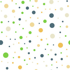 Colorful polka dots seamless pattern on black 13 background. Enchanting classic colorful polka dots textile pattern. Seamless scattered confetti fall chaotic decor. Abstract vector illustration.