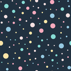 Colorful polka dots seamless pattern on black 9 background. Classy classic colorful polka dots textile pattern. Seamless scattered confetti fall chaotic decor. Abstract vector illustration.