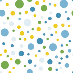Colorful polka dots seamless pattern on black 12 background. Fair classic colorful polka dots textile pattern. Seamless scattered confetti fall chaotic decor. Abstract vector illustration.