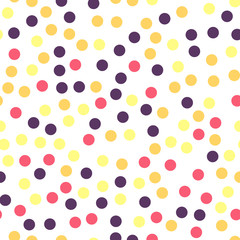 Colorful polka dots seamless pattern on white 25 background. Elegant classic colorful polka dots textile pattern. Seamless scattered confetti fall chaotic decor. Abstract vector illustration.