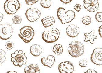 Hand drawn cookies pattern seamless design on white background vector illustration