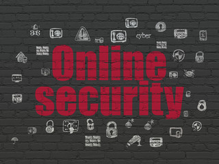Protection concept: Painted red text Online Security on Black Brick wall background with  Hand Drawn Security Icons