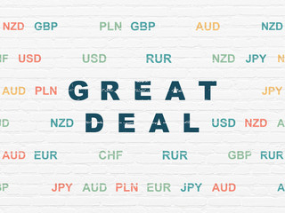 Finance concept: Painted blue text Great Deal on White Brick wall background with Currency