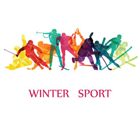 Color sport background. Winter olympic games. Hockey, biathlon, snowboarding, skating, ice skiing, Figure, freestyle. Vector illustration - obrazy, fototapety, plakaty
