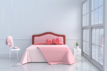 Red hearts on pink bed in bedroom of love.Decor with two hearts, tree in glass vase, wood bedside table,window,chair,pillow,blanket,Rooms of Love on Valentine`s Day. Background and interior. 3D render