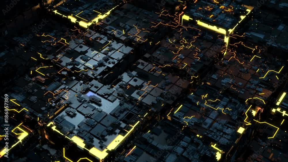 Poster abstract 3d render of technological background. high detailed complex cube structure. tech digital c