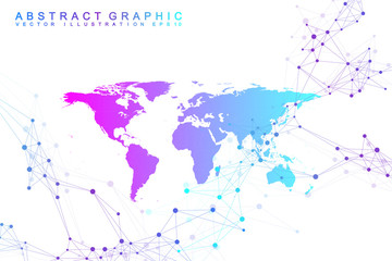 Political World Map with global technology networking concept. Digital data visualization. Lines plexus. Big Data background communication. Scientific vector illustration