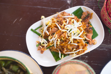 Stir fried rice noodle on plate (Korat's stir fried noodle)