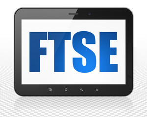Stock market indexes concept: Tablet Pc Computer with blue text FTSE on display, 3D rendering